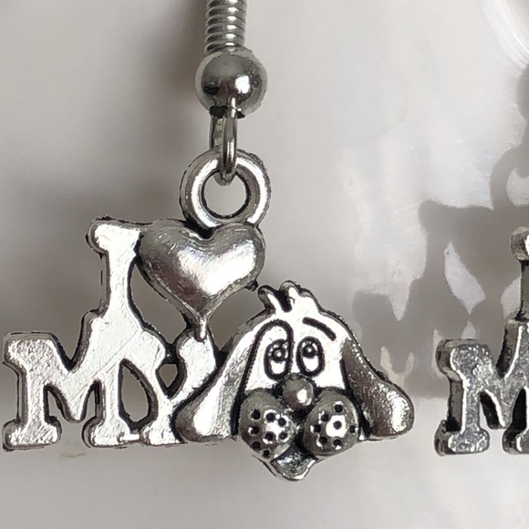 New I Love My Puppy Dog Dangling Hand Crafted Earrings Cute Fun Metallic Gift - Picture 2 of 5